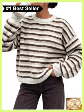 Striped Oversized Sweater Women Pullover Crew Neck Fall Winter Knit